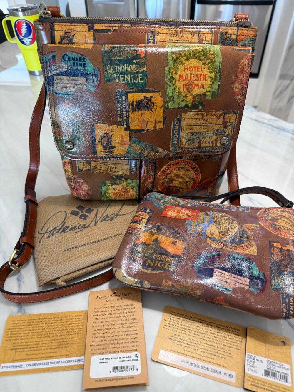 Patricia Nash Vintage Travel Sticker Ellson Crossbody & Cassini Wristlet Set